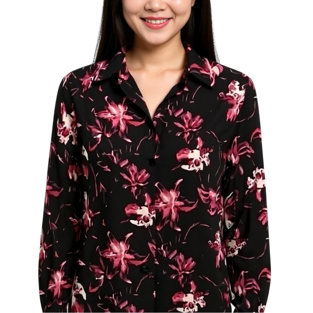 Suzy Shier Black and Pink Long Sleeve Notched Collar Blouse